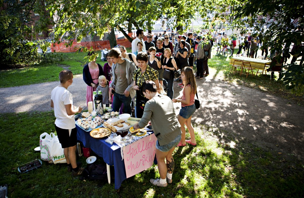 People queing for the vegan bakings of Kallion Herkut on the second Restaurant Day on 21st of August 2011 in Helsinki Finland.